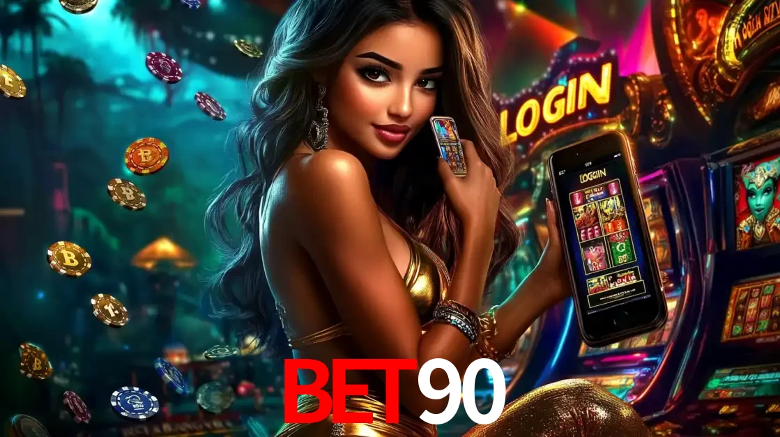 Mulher em um cenário de cassino temático de aventura, mostrando o app de caça-níqueis da BET90 no celular. Fichas de apostas flutuam ao redor.