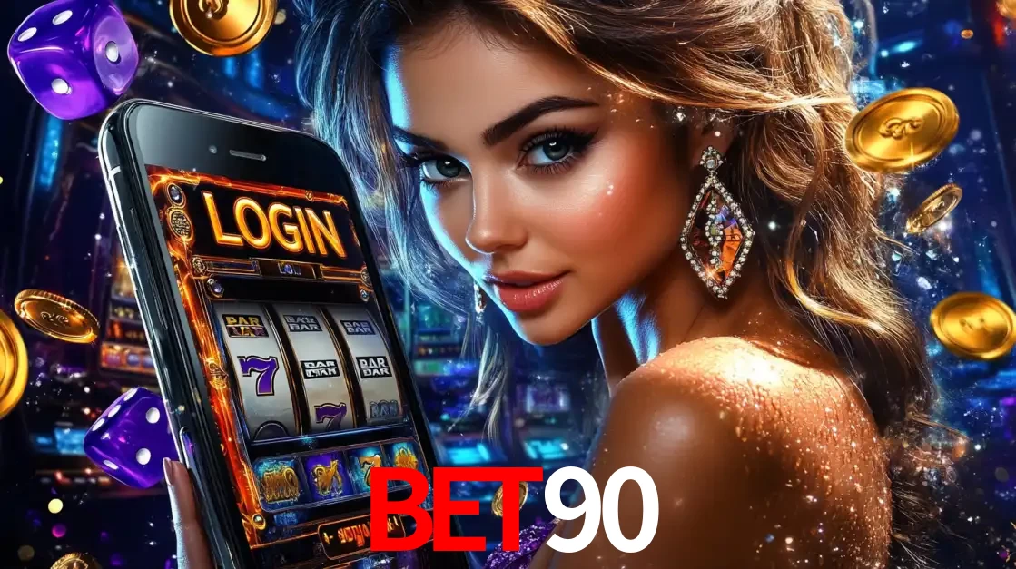Mulher glamorosa segurando um smartphone com a tela de login para os jogos de caça-níqueis do cassino online BET90, com moedas de ouro e dados ao redor.