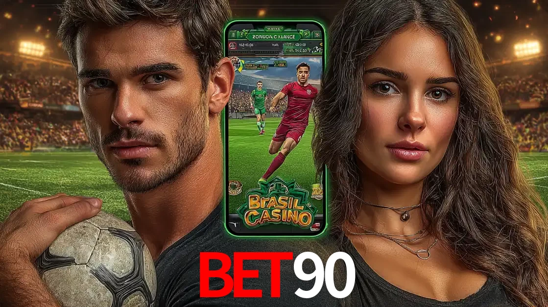 Homem segurando uma bola de futebol e uma mulher ao lado de um smartphone exibindo o jogo de apostas esportivas da BET90. Faça seu palpite no cassino online.